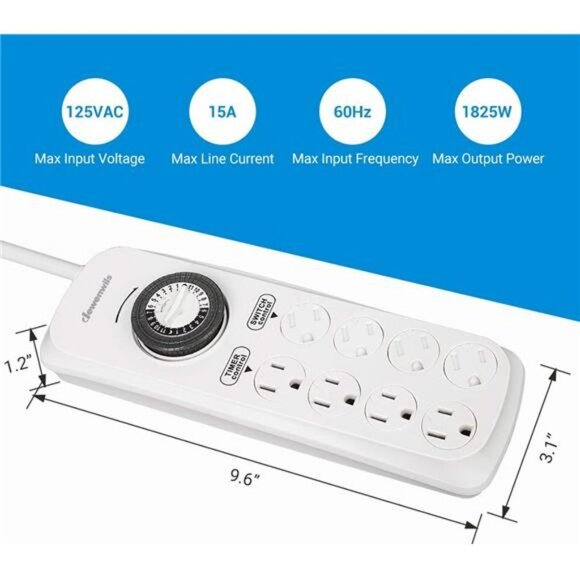 Mechanical Timer Power Strip with 8 Outlets, Flat Plug, 6ft Long Cord - Picture 6 of 6